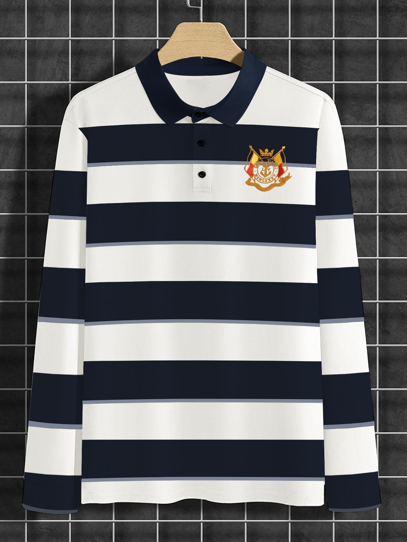 Louis Vicaci Long Sleeve Polo Shirt For Men-Sky with Navy Stripe