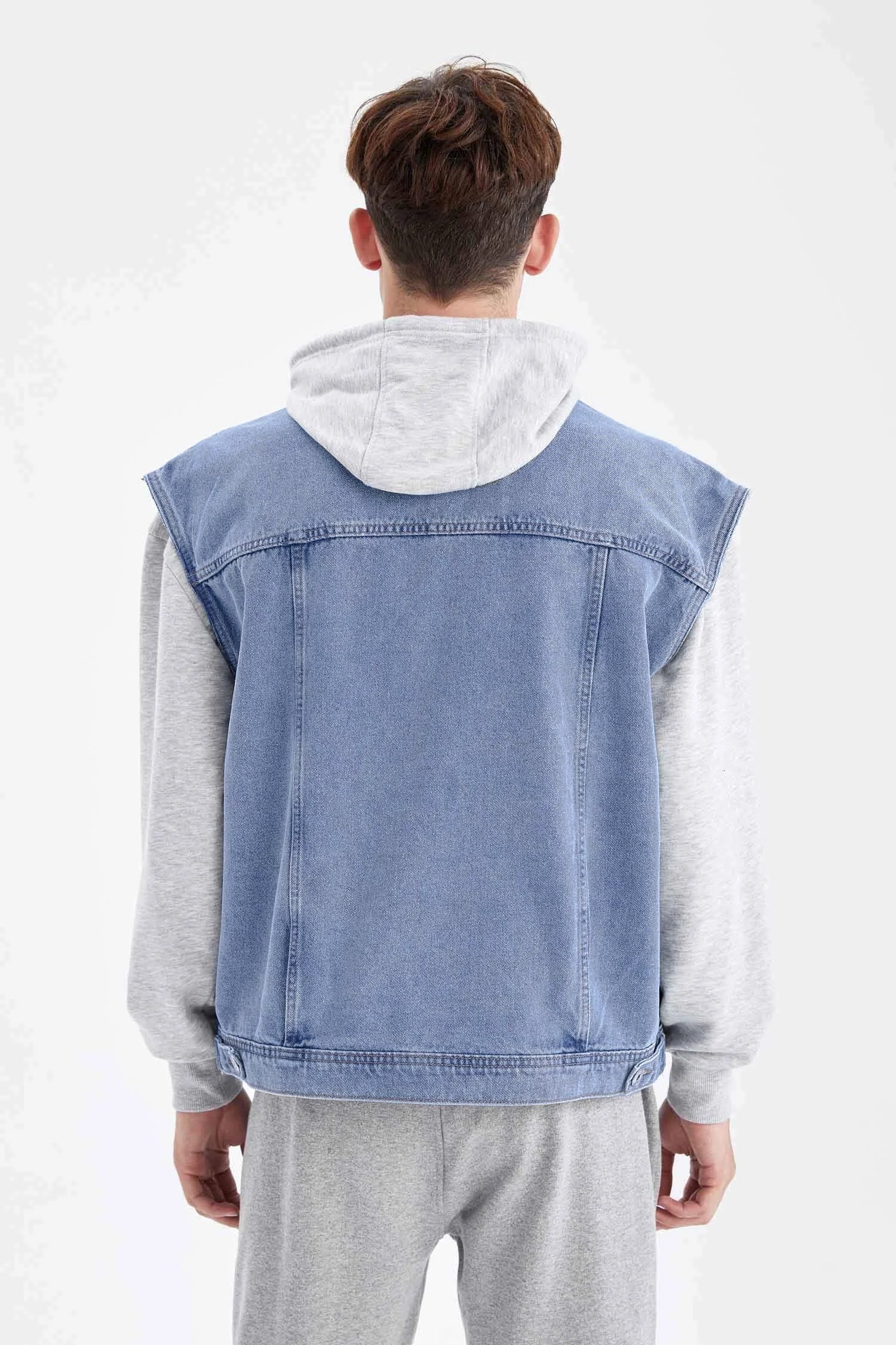 Sleeveless Plush Fur Denim Jeans Jacket For Men-Light Blue-BR206