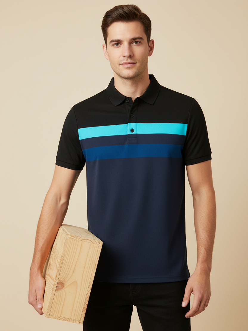 NXT Summer Polo Shirt For Men-Dark Navy With Black & Sky Stripe-BE694/BR12947