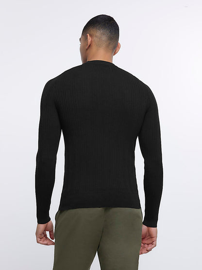 River Island Crew Neck Allover Ribbed Sweatshirt For Men-Black-SP1134/RT2268
