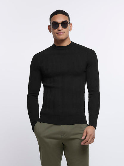 River Island Crew Neck Allover Ribbed Sweatshirt For Men-Black-SP1134/RT2268