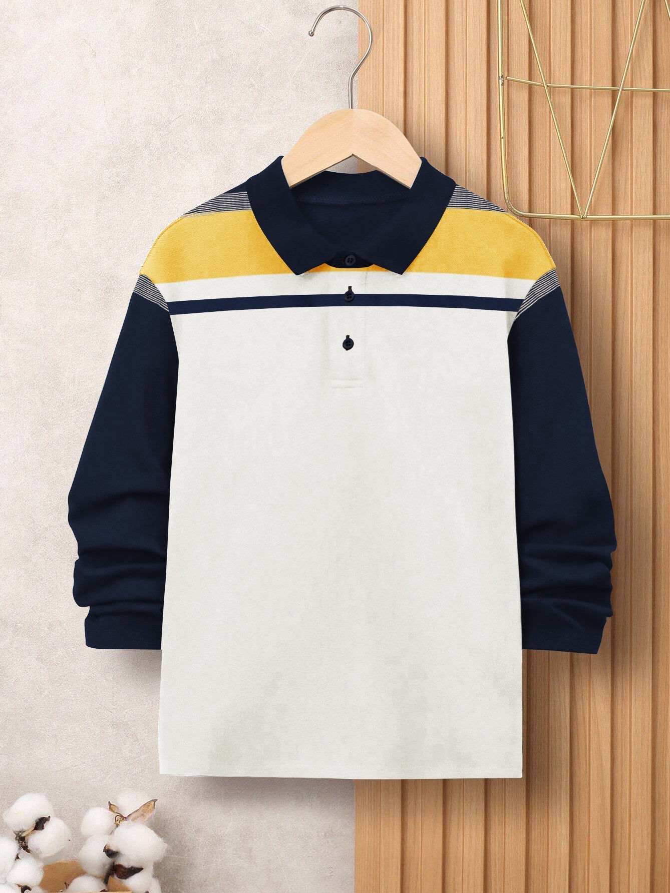 Louis Vicaci Single Jersey Long Sleeve Polo Shirt For Kids-Navy with Off White-BR791