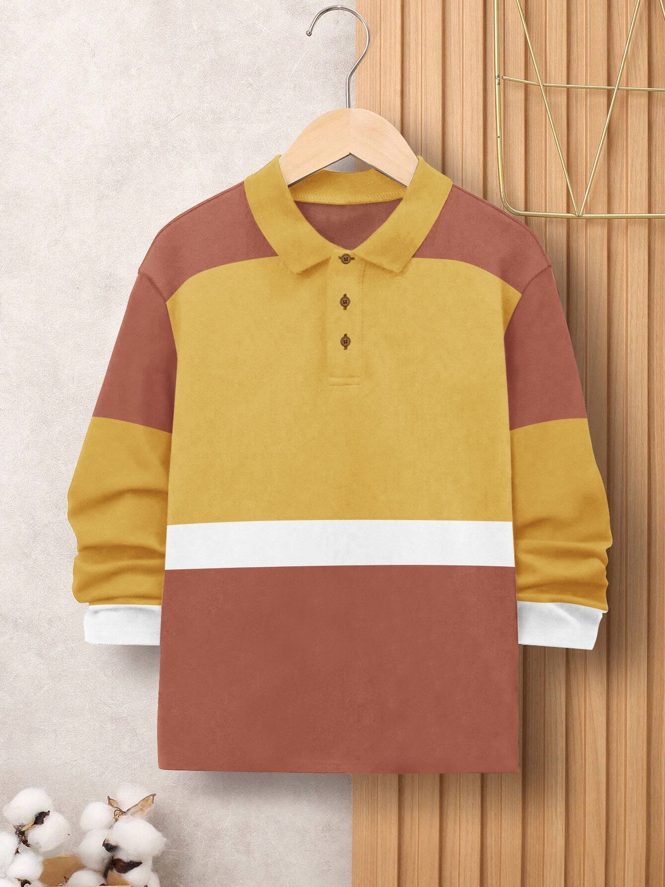 Louis Vicaci Single Jersey Long Sleeve Polo Shirt For Kids-Yellow with Dark Orange-BR795