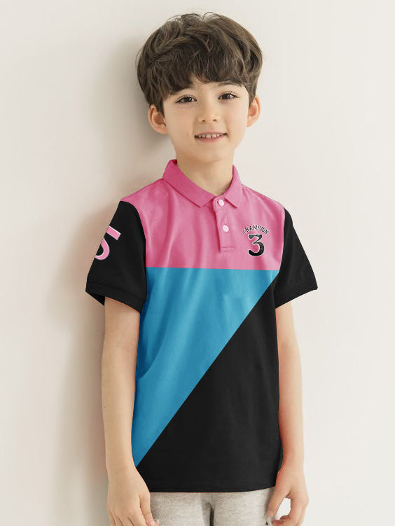Champion Single Jersey Polo Shirt For Kids-Magenta with Cyan & Black-SP1684/RT2405