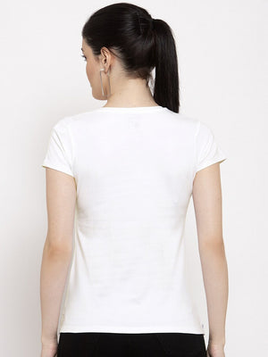 Okey Dokey V Neck T Shirt For Women-White With Print-SP2365