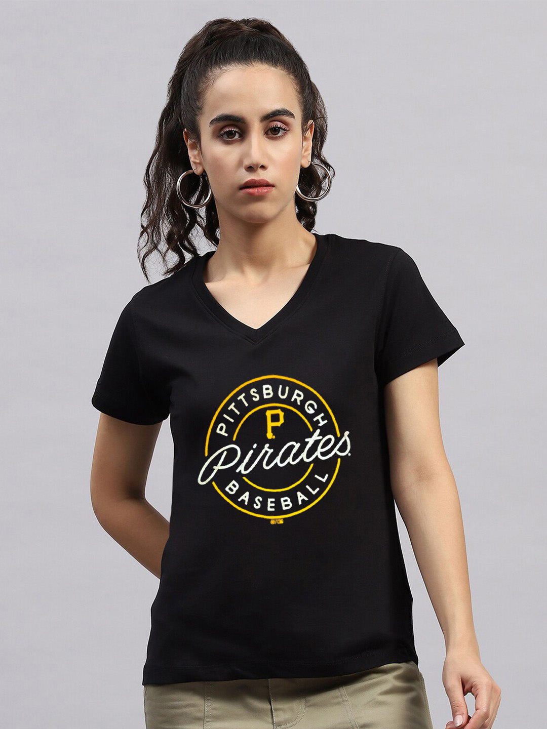 47 V Neck T Shirt For Women-Black with Print-SP3066