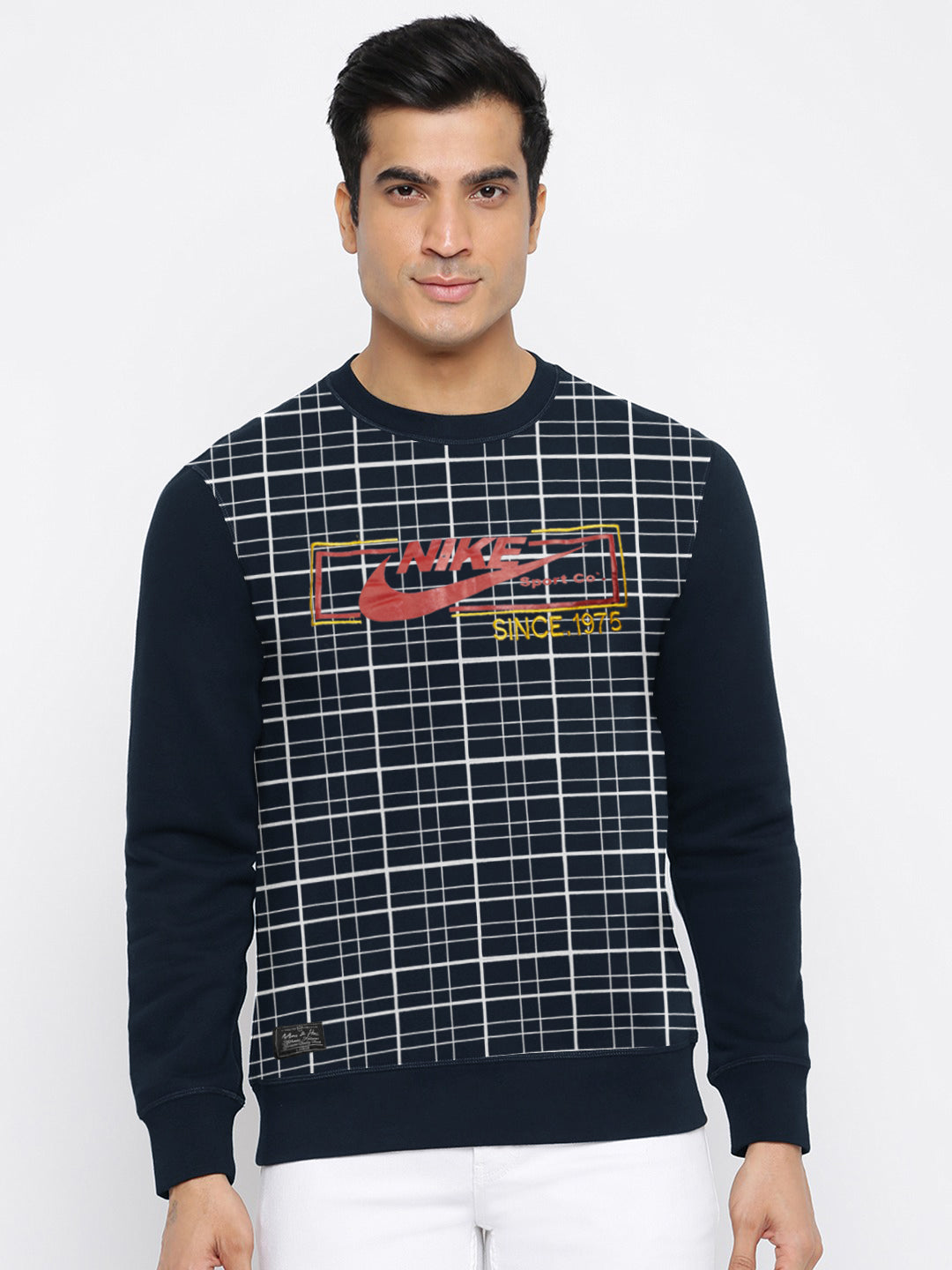Outfitters Terry Fleece Sweatshirt For Men-Navy with White Check-SP2186