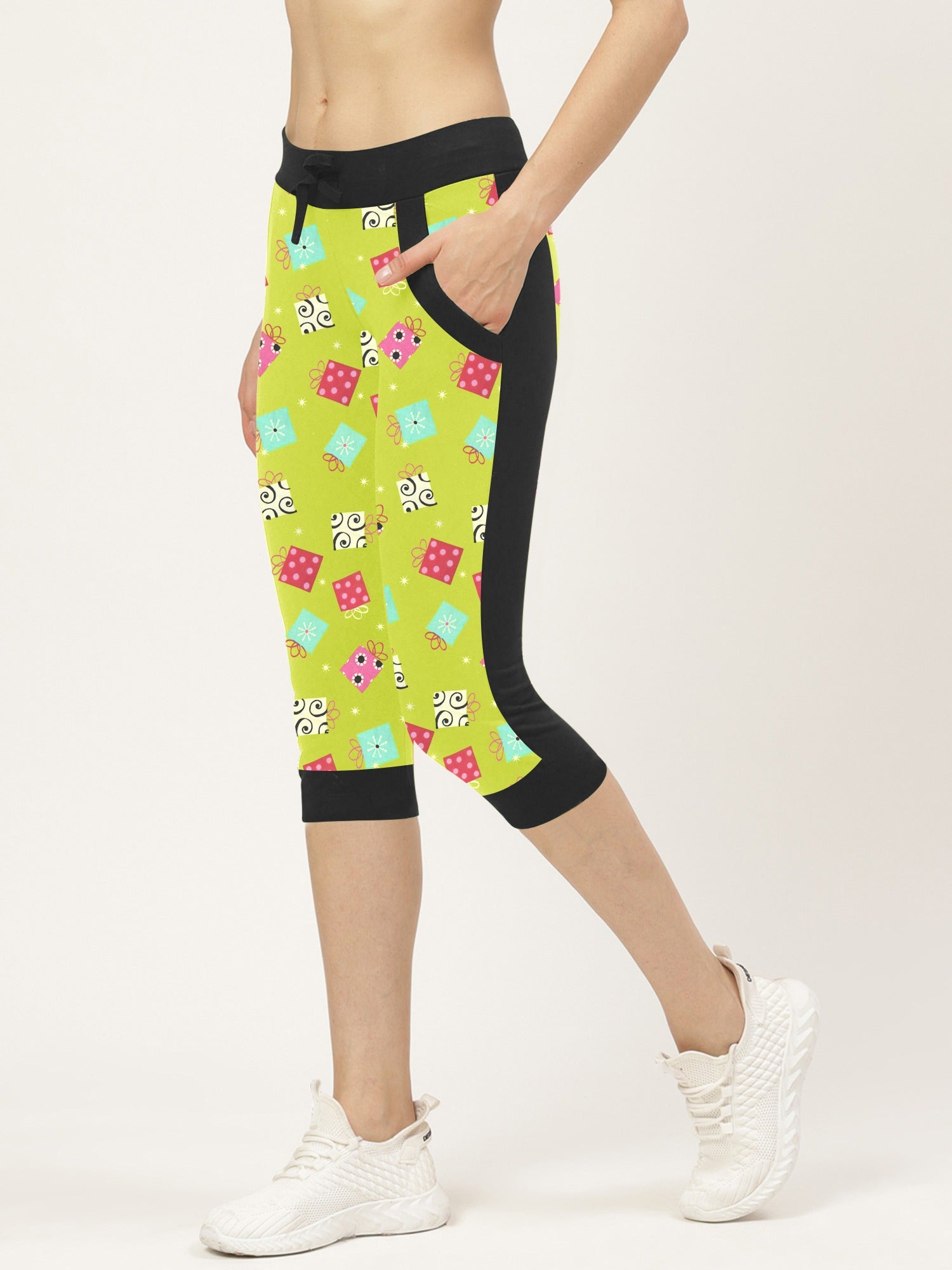 Next Cotton Stylish Capri For Ladies-Lime Green & Allover Print with Black-SP1672