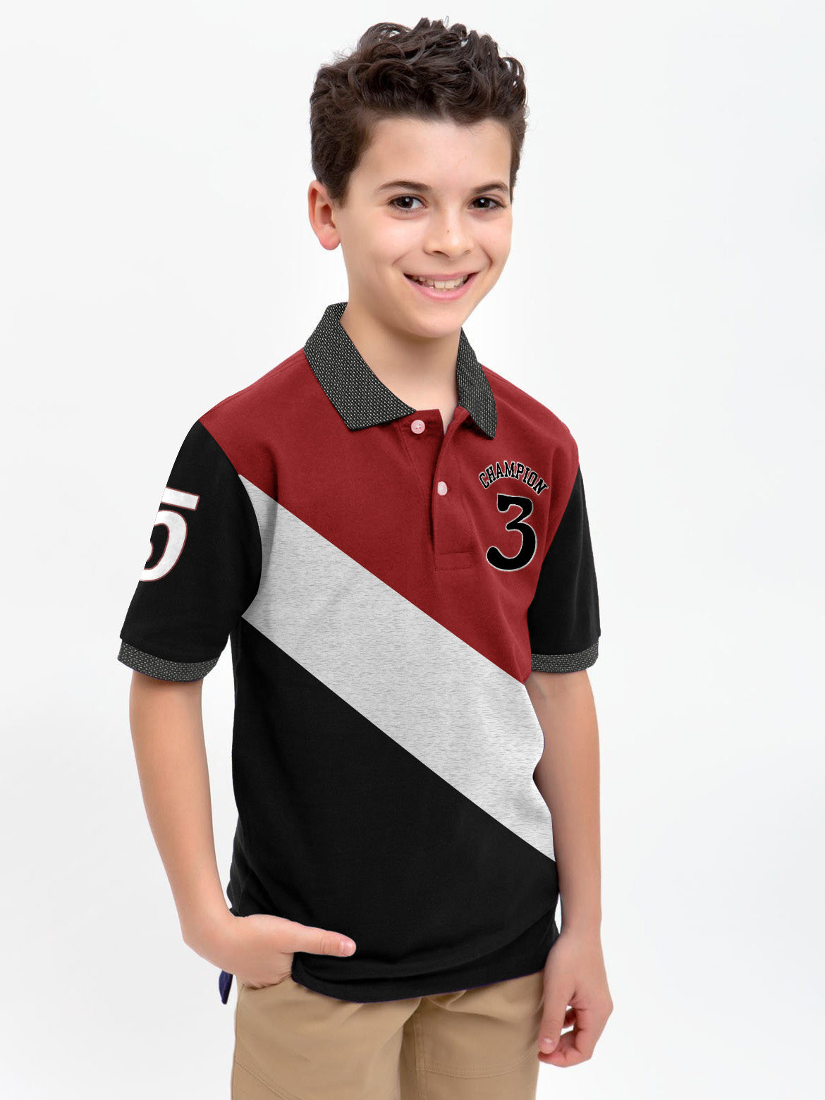 Champion Single Jersey Polo Shirt For Kids-Grey Melange with Black & Red Panels-SP1696