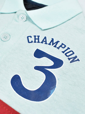 Champion Single Jersey Polo Shirt For Kids-Light Sea Green & Red with Navy Melange Panels-SP1680/RT2402