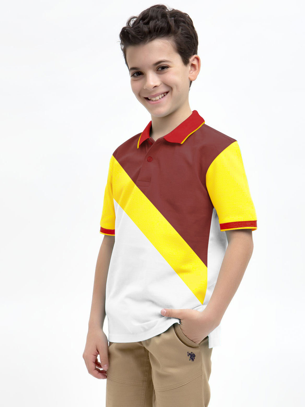 Champion Single Jersey Polo Shirt For Kids-Peach with Yellow & Red-SP1702/RT2412