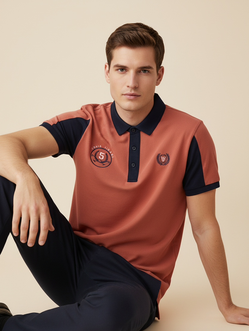 LV Summer Polo Shirt For Men-Carrot Red & Dark Navy-SP1546/RT2366