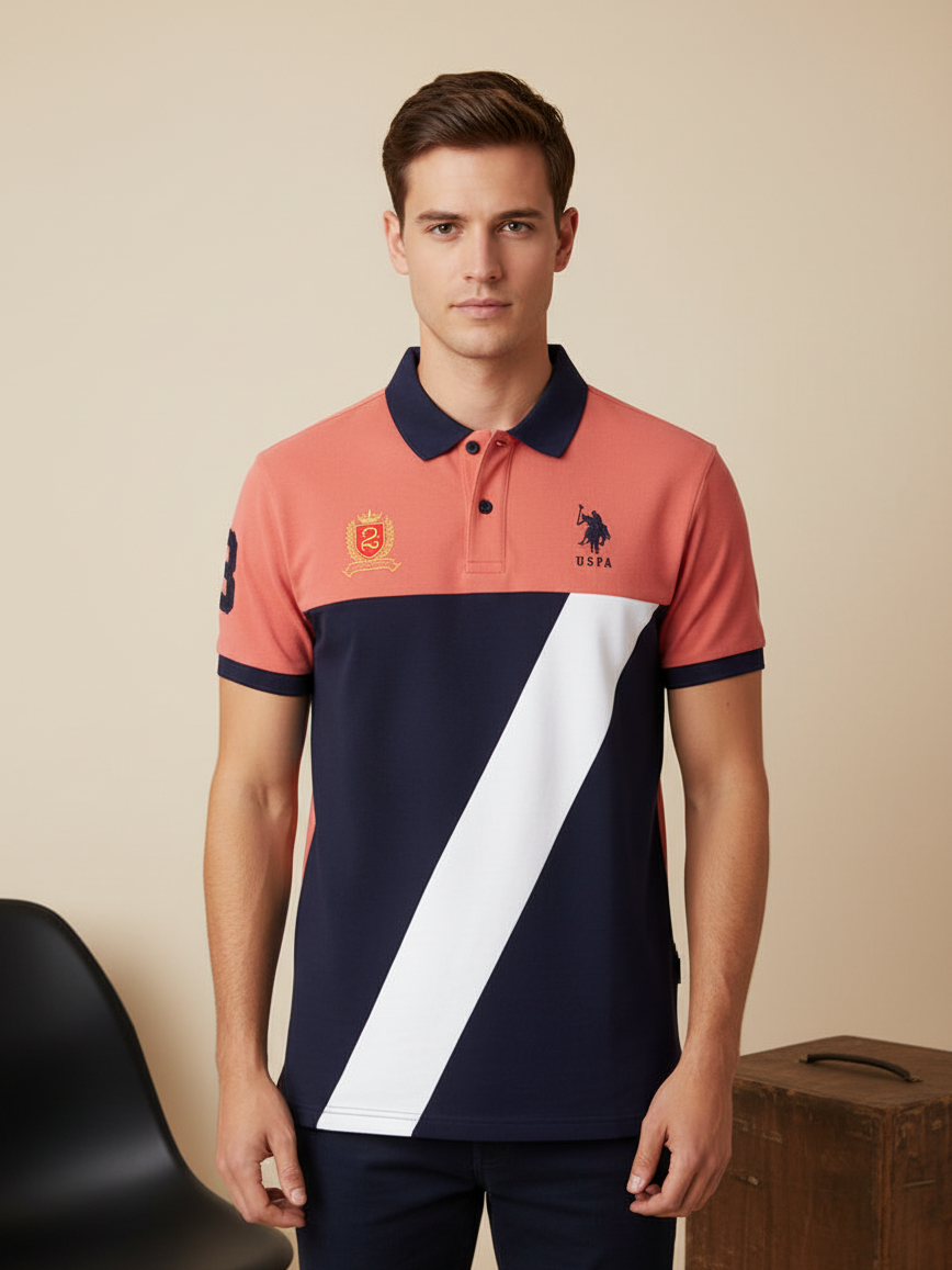 U.S Polo Assn. Summer Polo Shirt For Men-Navy with Coral Orange & White Panel-BE780/BR13027