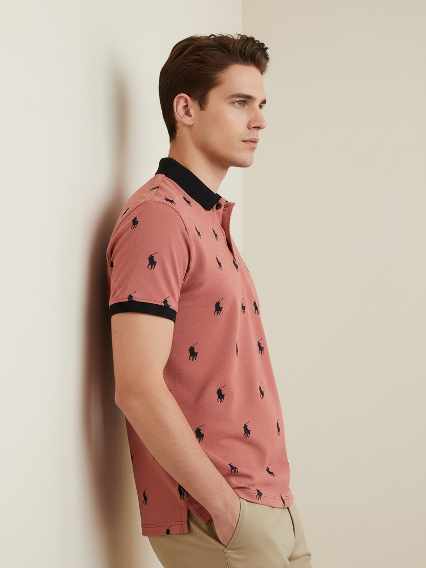 PRL Summer Polo Shirt For Men-Carrot Red with Allover Print-BE751/BR12999