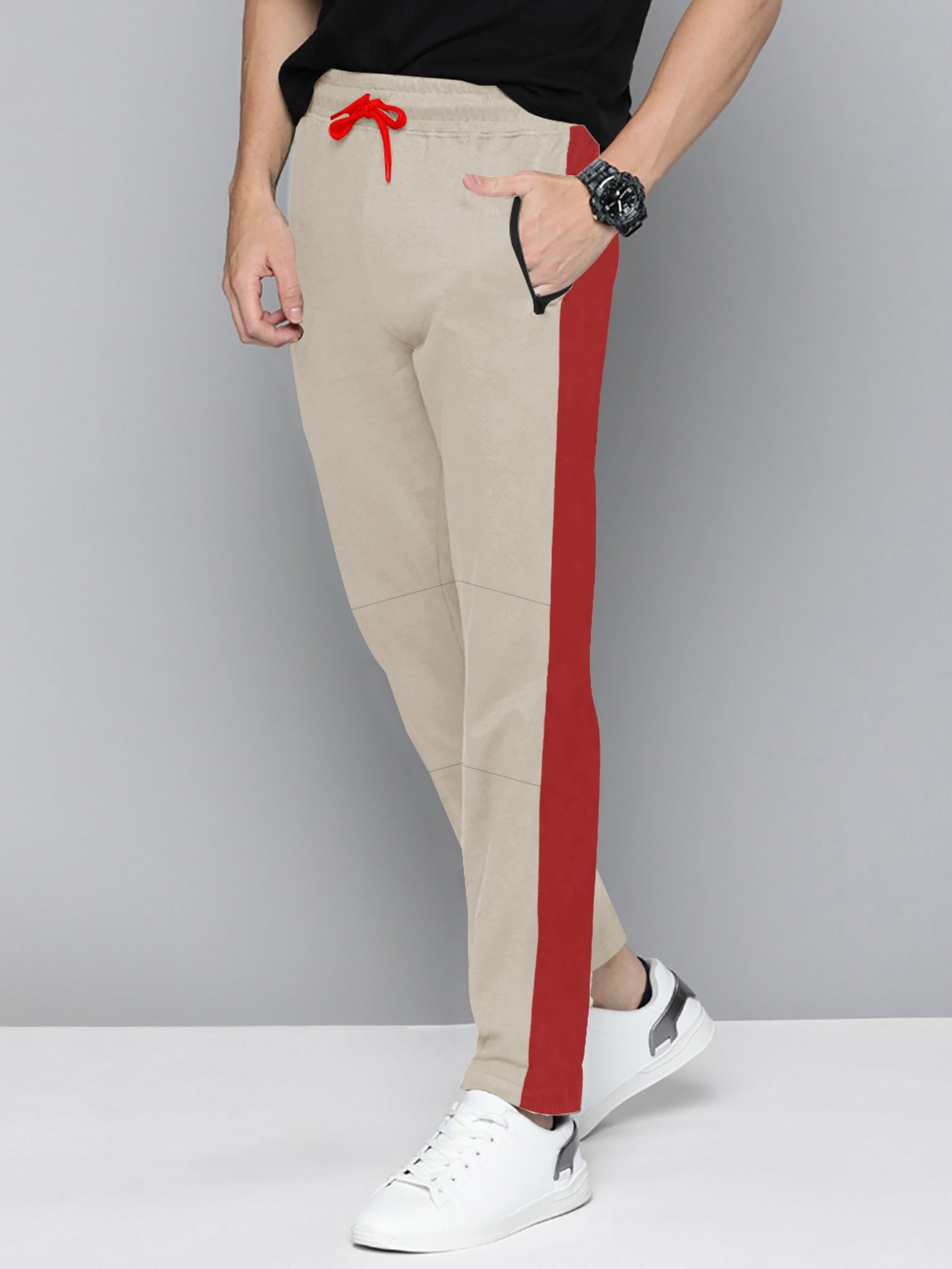 Summer Single Jersey Slim Fit Trouser For Men-Wheat With Red Stripe-SP124/RT2095