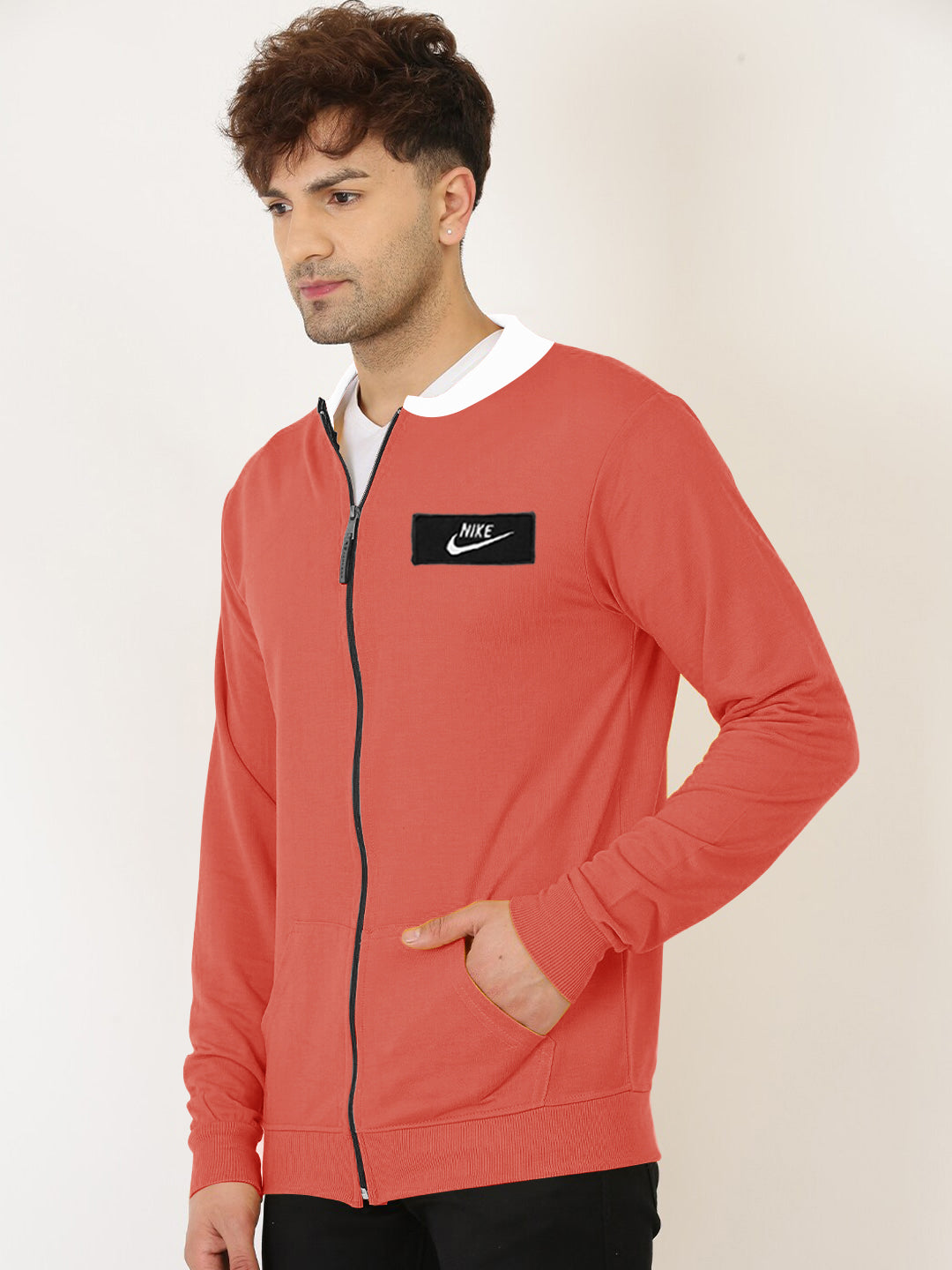 NK Light Fleece Zipper Baseball Jacket For Men-Coral Orange-SP1007