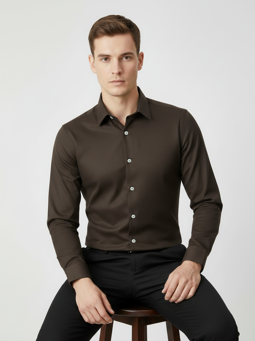 Rawgear 4 Side Lycra Slim Fit Long Sleeve Casual Shirt For Men-Dark Brown-RG04