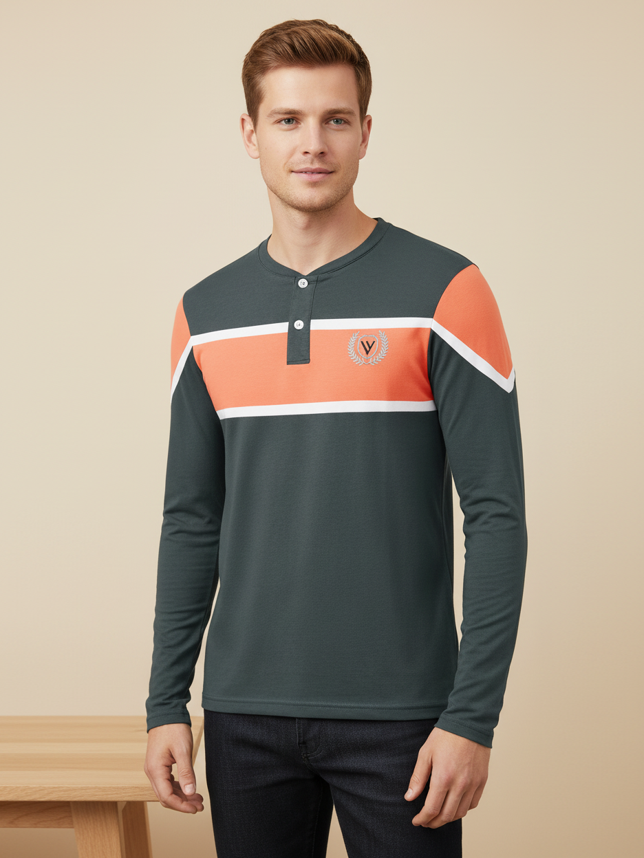 Louis Vicaci P.Q Long Sleeve Henley Shirt For Men-Dark Slate Grey with Orange Panel-SP1739