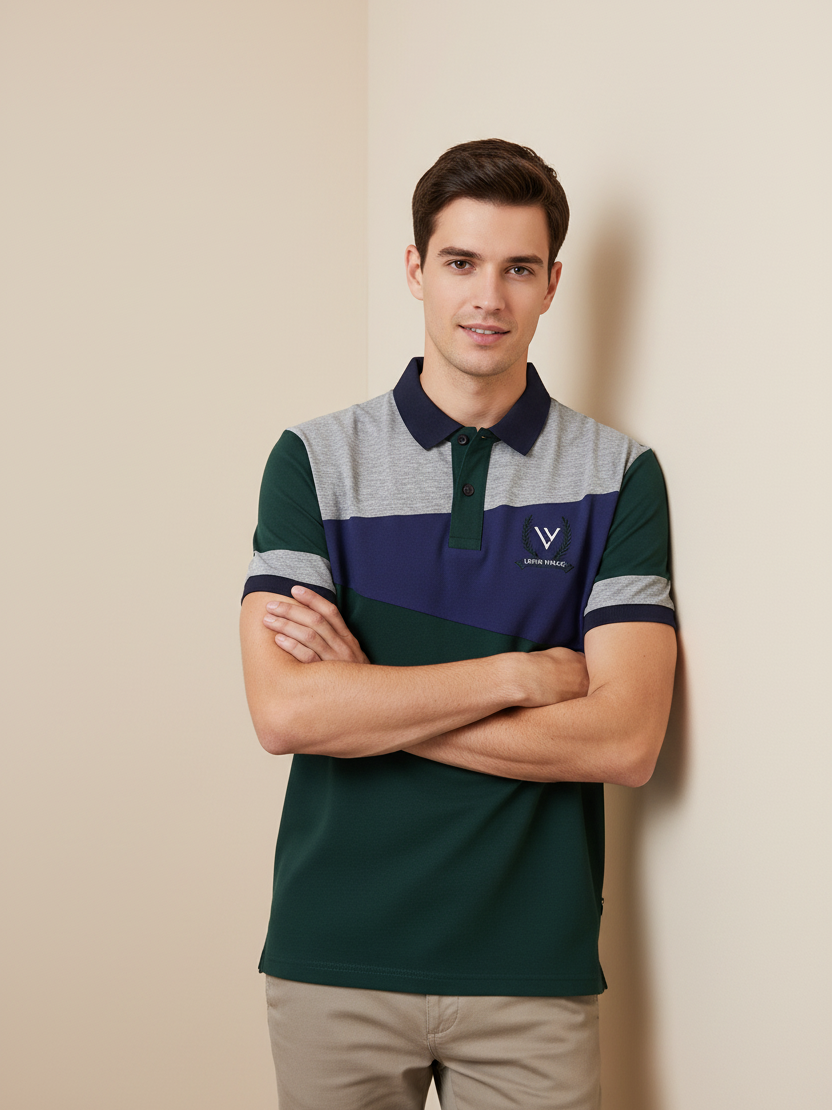 LV Summer Polo Shirt For Men-Dark Green with Blue & Grey Melange Panel-BE835/BR13072