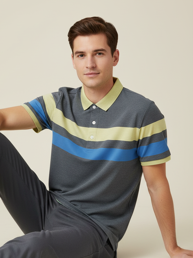 NXT Summer Polo Shirt For Men-Slate Blue Melange with Yellow & Blue Stripe-SP1446/RT2333