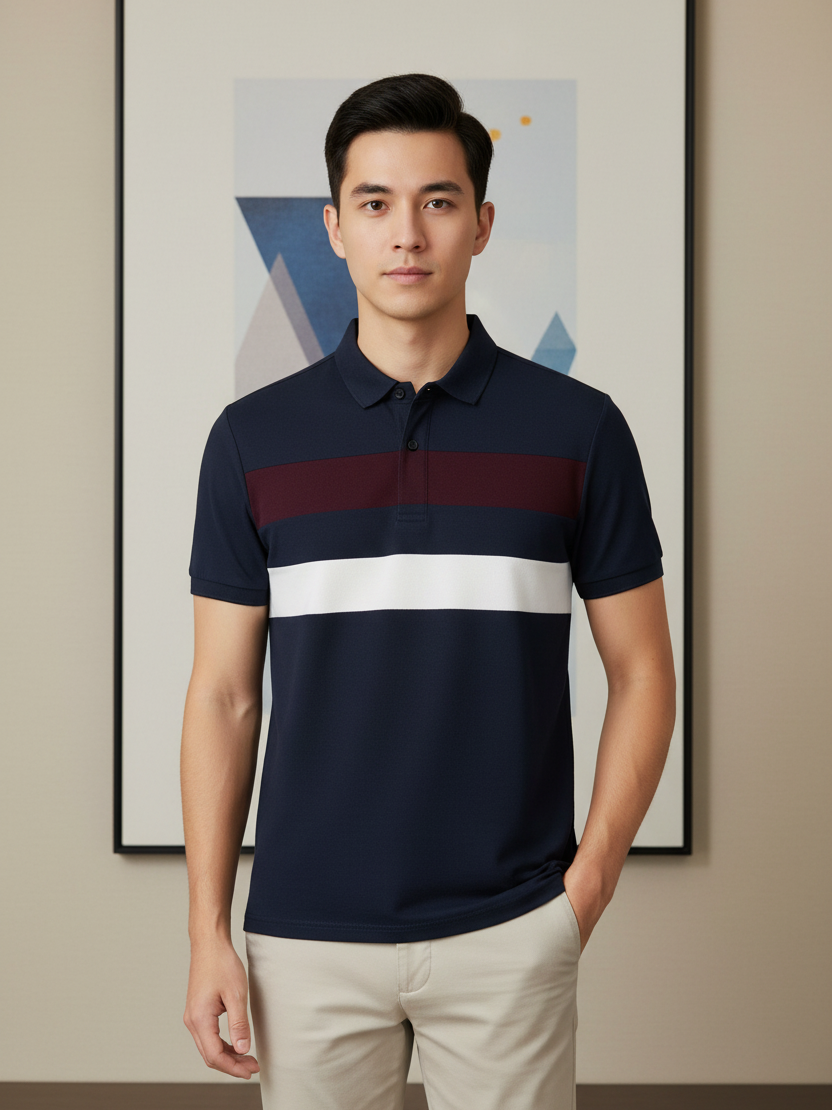 NXT Summer Polo Shirt For Men-Dark Navy With White & Maroon Stripe-BE799/BR13040