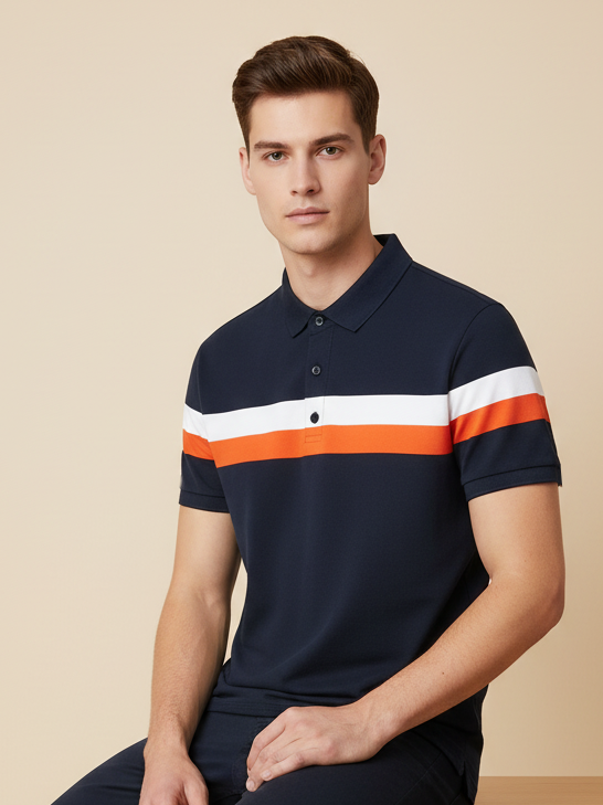 NXT Summer Polo Shirt For Men-Dark Navy With White & Orange Stripe-BE690/BR12943