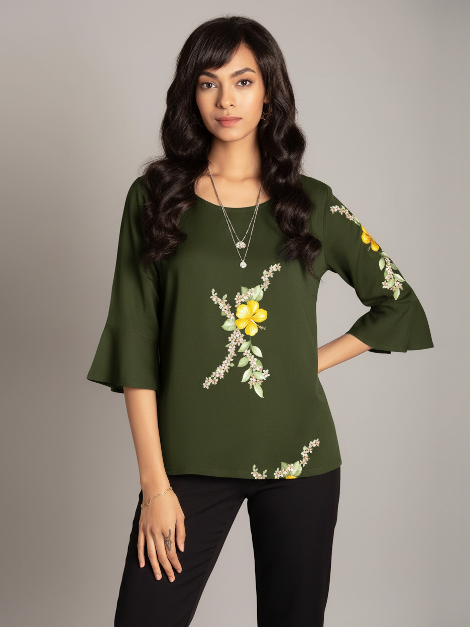 Louis Vicaci Butterfly Sleeve 4 Sided Lycra Top For Ladies-Olive Green-RT2005