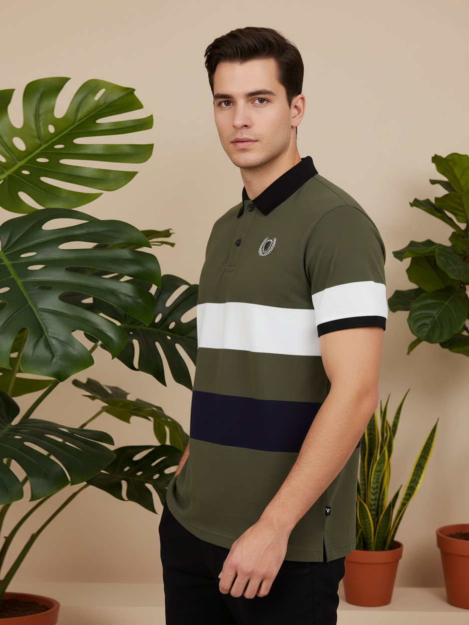 LV Summer Polo Shirt For Men-Dark Olive with White & Navy-BE861