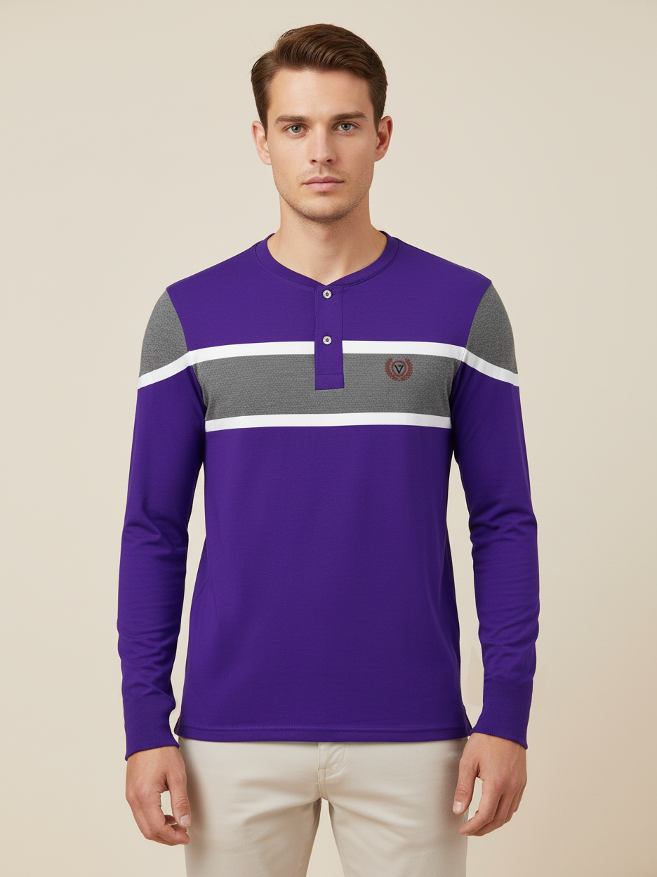 Louis Vicaci P.Q Long Sleeve Henley Shirt For Men-Dark Purple with Grey Melange-BE954