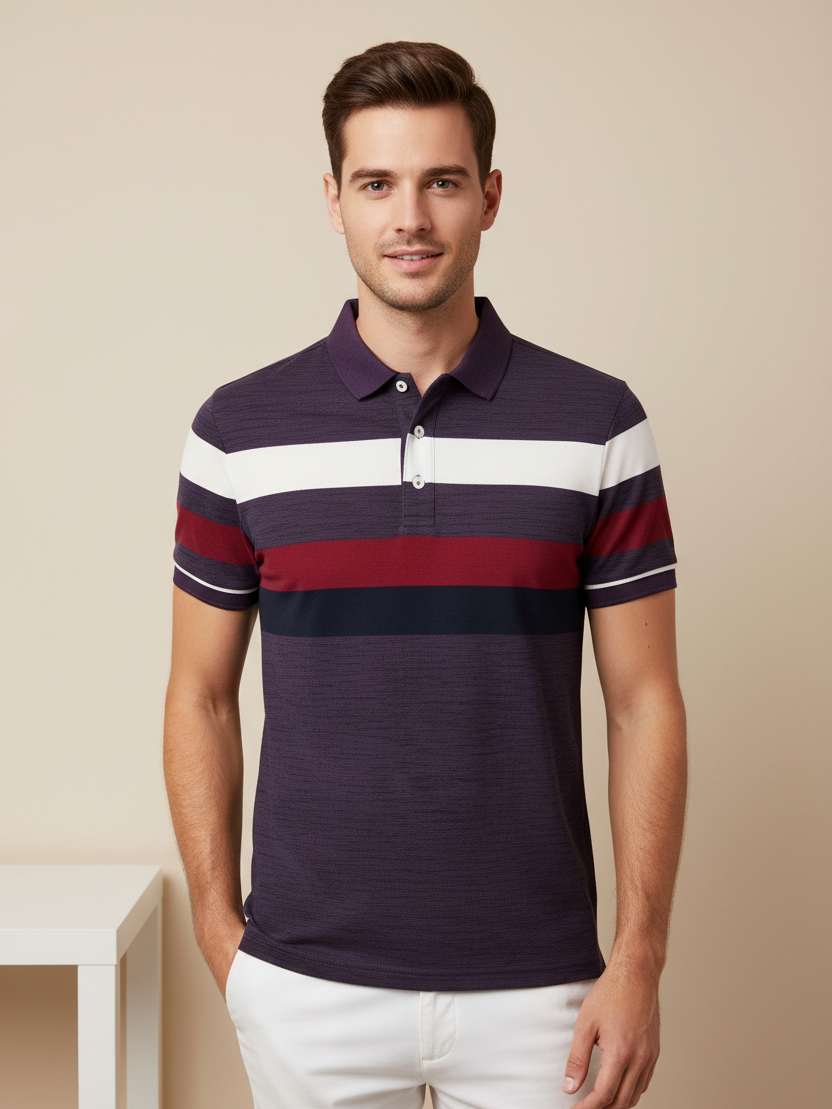 NXT Summer Polo Shirt For Men-Purple Melange with White & Red Stripe-BE738/BR12988