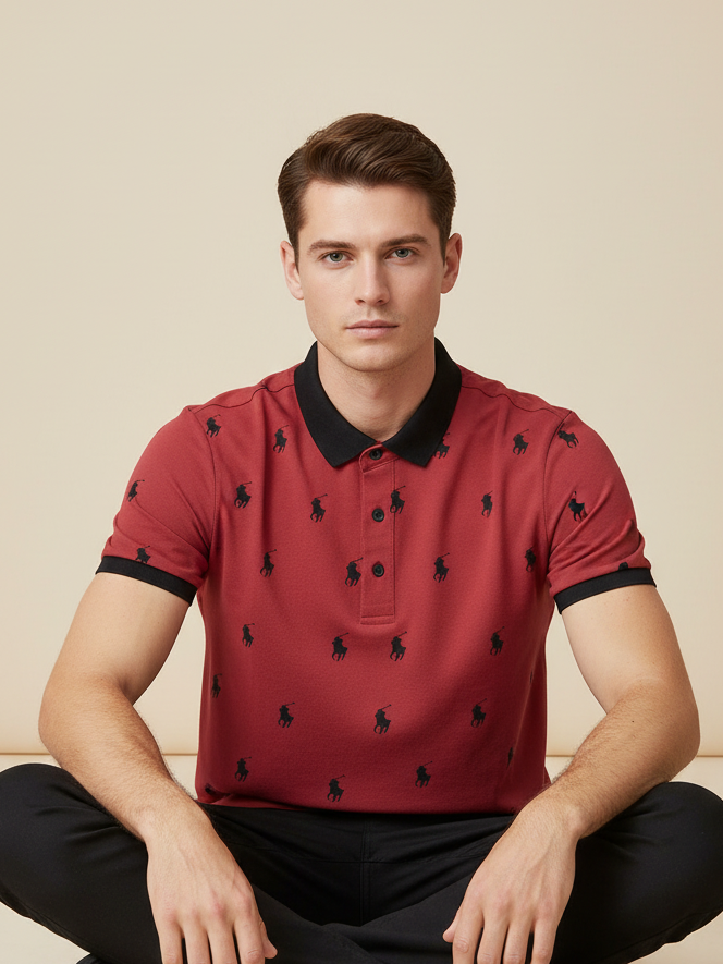 PRL Summer Polo Shirt For Men-Dark Red with Allover Print-BE696/BR12949
