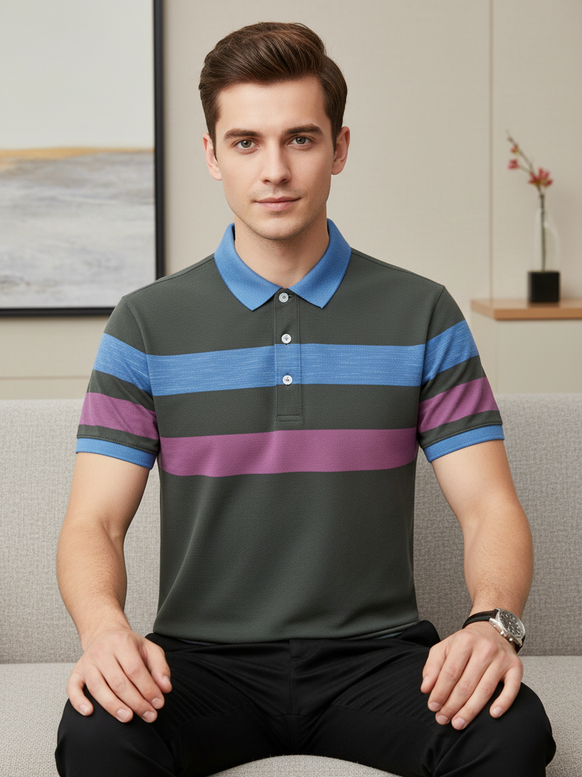 NXT Summer Polo Shirt For Men-Dark Slate Grey with Sky & Pink Stripe-BE755/BR13002