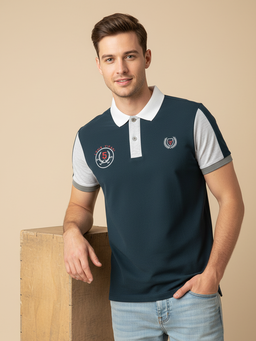 LV Summer Polo Shirt For Men-Navy & White Melange-SP1584