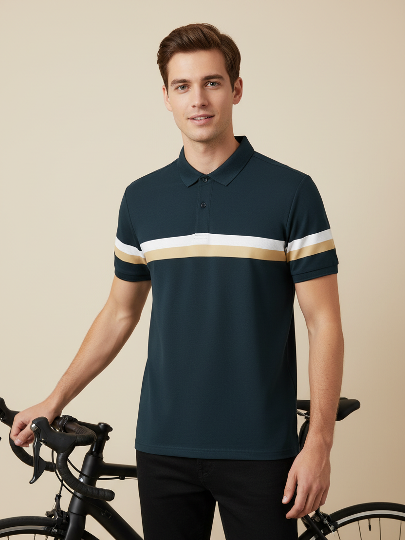 NXT Summer Polo Shirt For Men-Dark Navy With White & Brown Stripe-SP1445/RT2332