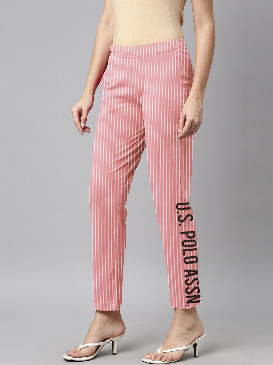 U.S Polo Straight Fit Summer Trouser For Women-Pink with Allover Lining-SP2852