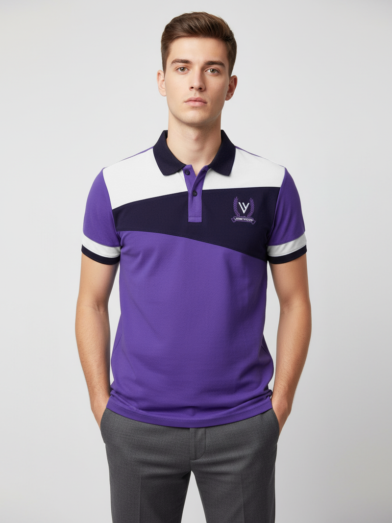 LV Summer Polo Shirt For Men-Purple with Navy & White Panel-BE3317