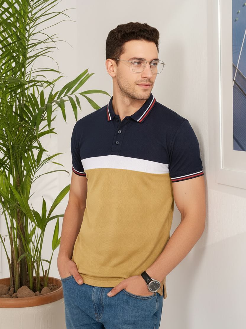 LV Summer Dry Fit Polo Shirt For Men-Navy with White & Camel Panels-BE1713/BR13918