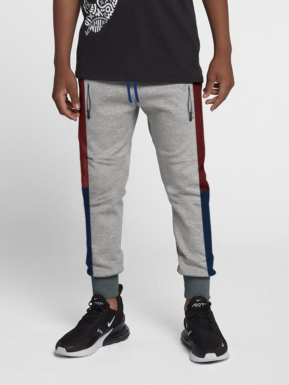 Next Slim Fit Jogger Trouser For Kids-Grey Melange with Dark Maroon & Dark Navy  Panels-SP2631