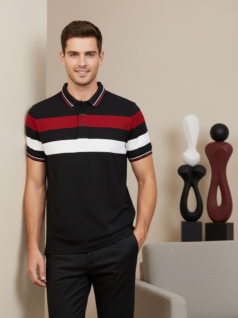 LV Summer Dry Fit Polo Shirt For Men-Dark Navy with Red & White Stripe-BE1310/BR13555