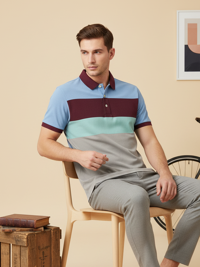 NXT Summer Polo Shirt For Men-Grey with Green & Maroon Stripe-BE710/BR12963