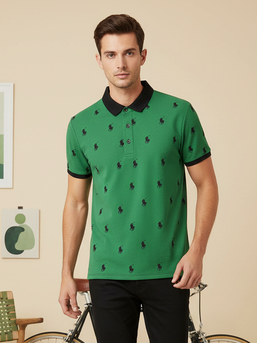 PRL Summer Polo Shirt For Men-Green with Allover Print-BE679/BR12932