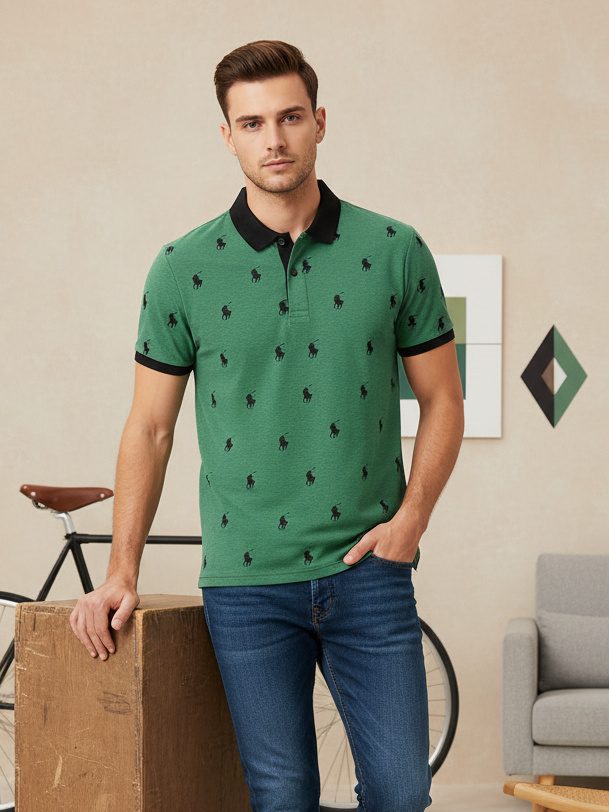 PRL Summer Polo Shirt For Men-Green Melange with Allover Print-SP1452/RT2340