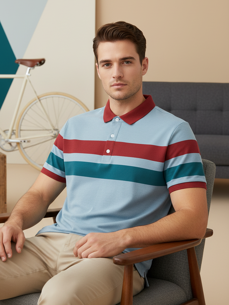 NXT Summer Polo Shirt For Men-Blue Melange with Red & Persian Blue Stripe-SP1451/RT2339