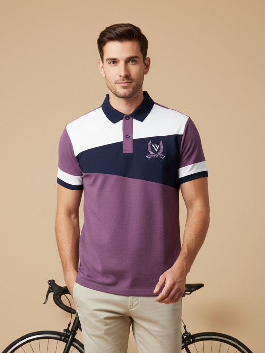 LV Summer Polo Shirt For Men-Purple with Navy & White Panel-BE832/BR13071
