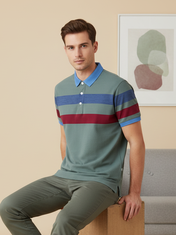 NXT Summer Polo Shirt For Men-Cyan Green with Blue & Red Stripe-BE739/BR12989