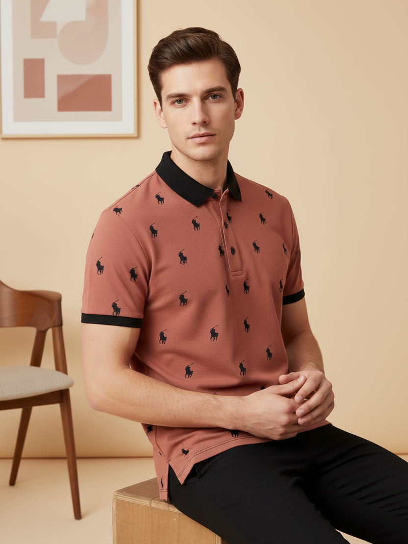 PRL Summer Polo Shirt For Men-Coral Orange with Allover Print-SP1449/RT2337