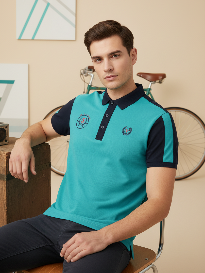 LV Summer Polo Shirt For Men-Dark Cyan Blue & Dark Navy-SP1543/RT2364