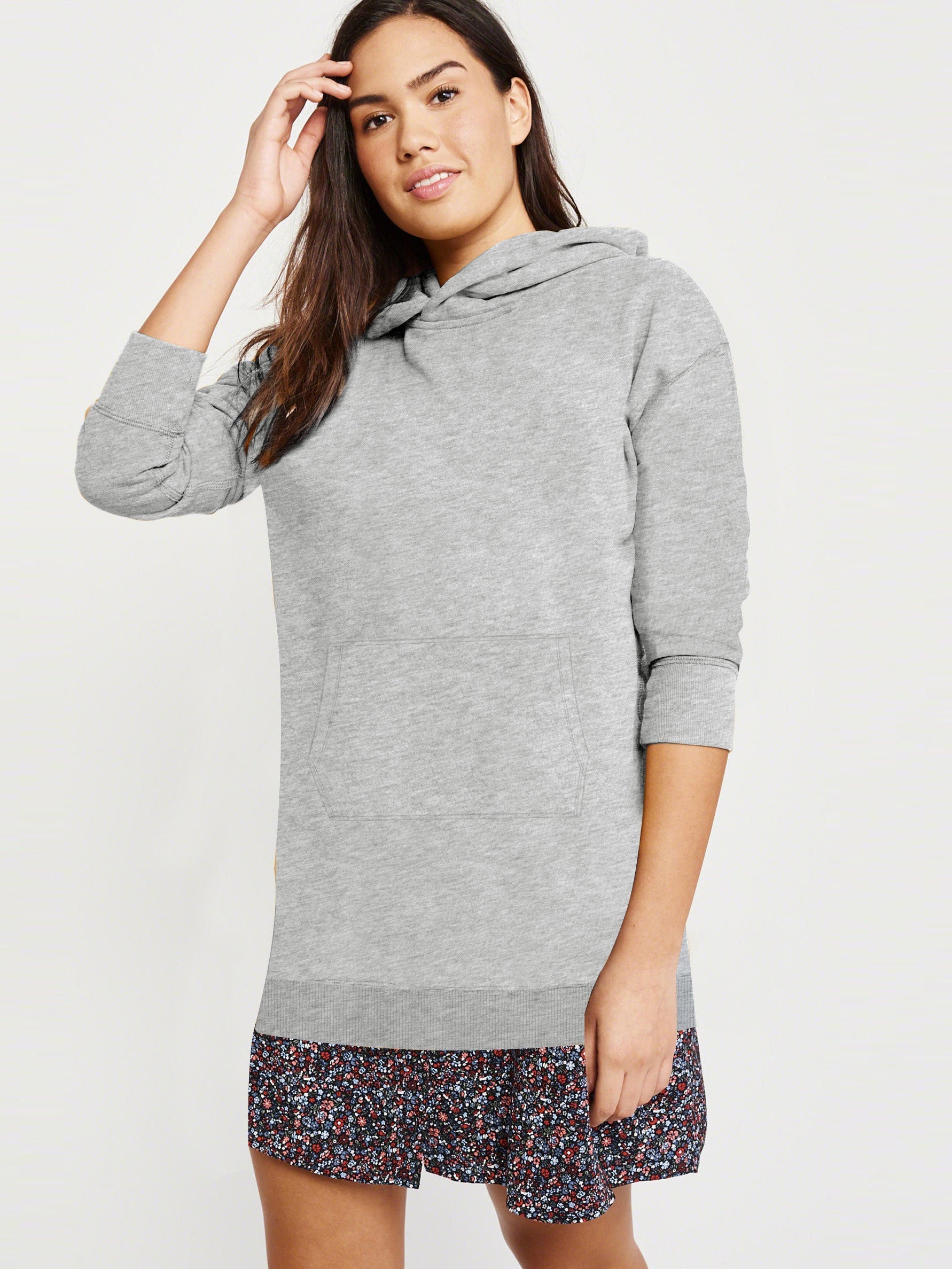 Next Terry Fleece Long Length Pullover Hoodie For Ladies-Grey Melange-SP1219