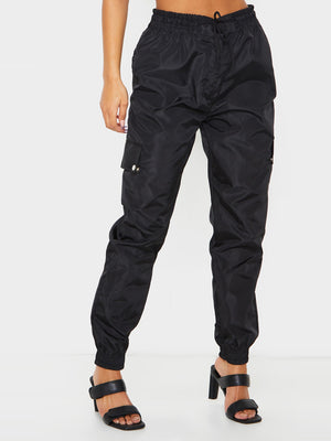 Cuffed Hem Shell Side Pockets Jogger Trouser For Ladies-Black-SP3339