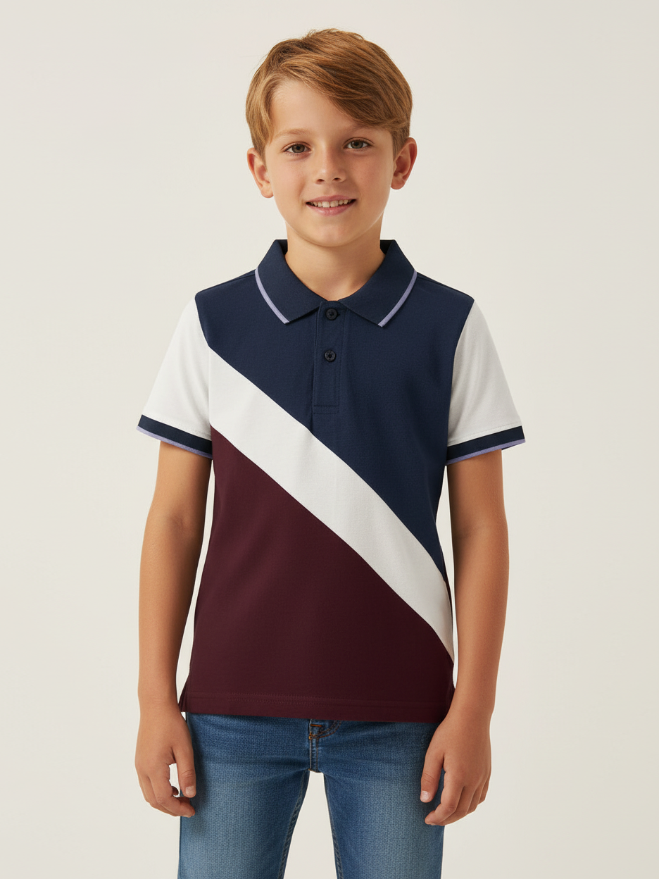 Champion Single Jersey Polo Shirt For Kids-Maroon with Off White & Navy Melange Panels-BE933/BR13180